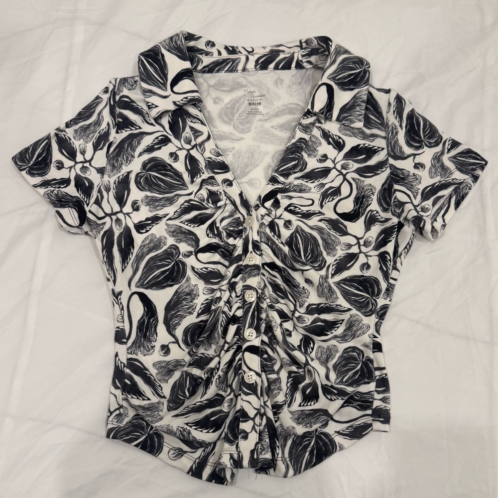 Maeve Anthropologie Yukiko Noritake Ruched Floral Button Down Top Black White S